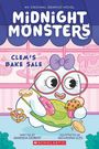 Text: "Midnight Monsters", "Clem's Bake Sale". Zeichentrickfigur mit Brille hält Gebäck. Name der Autorin und Illustratorin.