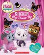 "Sticker Pup Dress-Up". Vier niedliche Hunde in Outfits, Pink und Lila. Accessoires wie Schleifen, Hüte und Brillen.