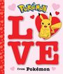 „LOVE from Pokémon“. Illustration mit Pikachu auf einem roten Herz, umgeben von roten Herzen.