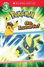 Level 3 Reader. Pokémon. Go, Lucario! Pikachu mit Kappe und Lucario in Aktion, im Hintergrund strahlendes Licht.