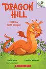 Text: "Dragon Hill", "Cliff the Earth Dragon". Illustration eines fröhlichen, orangefarbenen Drachens auf einer Blumenwiese.