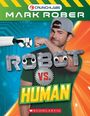 "ROBOT VS. HUMAN" steht in großen Buchstaben. Ein Mann trägt eine Baseballkappe rückwärts und zeigt Muskeln.