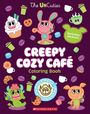 Titel: Creepy Cozy Café Coloring Book. Text: Includes stickers! Illustration: Niedliche Monster mit Kaffee und Gebäck.