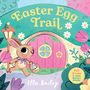 "Easter Egg Trail" und "Ella Bailey". Ein Hase mit einem Korb voller Eier vor einem rosa Türchen in einer grünen Landschaft.