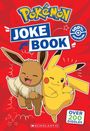 "POKÉMON JOKE BOOK" steht in großen Buchstaben. Es gibt eine Illustration von Pikachu und Evoli auf rotem Hintergrund.