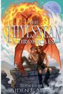 "THE THYLSNEAN CHRONICLES, Book 1: Earth, Aiden E. Messer" Zwei Personen sitzen, einer mit roten Flügeln, Stadt im Flammenhintergrund.