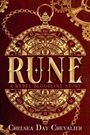 „RUNE, A REBEL BLOODLINE STORY, Chelsea Day Chevalier.“ Goldene Zahnräder und Uhrendesign auf braunem Hintergrund.