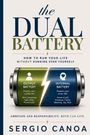 "THE DUAL BATTERY - How to run your life without running over yourself" Buchcover mit Batterie-Illustration.