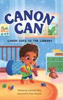 Text: "CANON CAN. Canon goes to the library." Illustration eines Kindes in einem farbenfrohen Schlafzimmer.