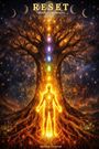 "RESET: The Bible of Self-Discovery" und "NATASHA L. TAYLOR". Leuchtende Figur vor kosmischen Baum, Chakren dargestellt.