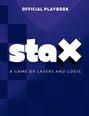 Text: "OFFICIAL PLAYBOOK", "stax", "A GAME OF LAYERS AND LOGIC". Blaues Schachbrettmuster im Hintergrund.