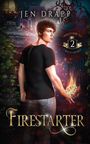 "Firestarter", "Jen Drapp", "Welcome to Freyshire 2". Junge mit Feuer in der Hand vor einem Schloss in nächtlicher Szene.