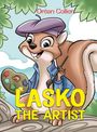 Titel: "LASKO THE ARTIST". Ein Eichhörnchen mit Baskenmütze und Malpalette, umgeben von Zweigen und Blättern.