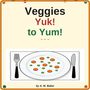"Veggies Yuk! to Yum!" steht oben. Unten eine Illustration mit einem Teller voller Gemüse, daneben Besteck. Darunter "by A. M. Baker".