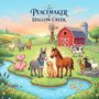 "THE PEACEMAKER OF HALLOW CREEK" in einer ländlichen Szene; Tiere umgeben einen Fluss vor einer roten Scheune.