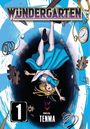 "WUNDERGARTEN" und "Story by TENMA" stehen oben. Illustration: Mädchen in Blau fällt, umgeben von Zahnrädern und einer Uhr.