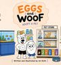 Text: "EGGS and WOOF: ADOPT A PET." Illustration mit Tieren in einem Tiergeschäft.