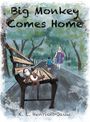 "Big Monkey Comes Home" Illustration mit Bank, Kuscheltier, Frau und Kind auf Waldweg.
