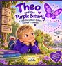 "Theo and the Purple Butterfly" mit fröhlichem Kind und Plüschtier unter Baum. Botschaft zu Epilepsie, Mut und Freundlichkeit.