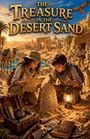 "The Treasure in the Desert Sand". Zwei Abenteurer mit Karte und Lampe in einer Wüste, antike Stadt im Hintergrund.