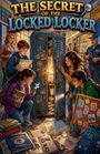 "THE SECRET OF THE LOCKED LOCKER" in großen Buchstaben. Kinder untersuchen neugierig einen offenen Spind mit Taschenlampe.