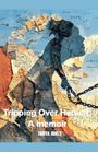 „Tripping Over Herself: A memoir“ von Tanya Jones. Illustration einer Frau, die gegen windgepeitschte Papierschnipsel antritt.