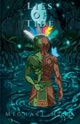 „Lies of Tide“ oben, „Michael Mora“ unten. Eine Illustration zeigt eine zweifarbige Figur im Wasser, umgeben von Natur.