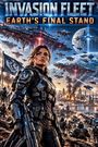 „INVASION FLEET: EARTH'S FINAL STAND“, eine Soldatin in Rüstung, futuristische Raumschiffe über brennender Stadt.