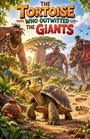 "In der Illustration steht oben: 'The Tortoise Who Outwitted the Giants'. Eine Schildkröte und drei neugierige Riesen im afrikanischen Setting."