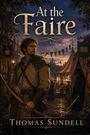 „At the Faire“ und „Thomas Sundell“. Illustration eines mittelalterlichen Marktes mit Mann in Gewandung und Zelt.