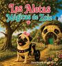 "Las Aletas Mágicas de Zoie" in verspielten Buchstaben. Ein Mops mit Rollstuhl und Schleife steht vor einem Haus, das wie ein Mops aussieht.