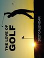 „THE LOVE OF GOLF“ und „2027 CALENDAR“; Golfer-Silhouette schlägt Ball bei Sonnenuntergang neben Fahne.