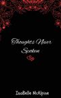 "Thoughts Never Spoken" in eleganter Schrift, darunter rote verschlungene Herzen, oben rote florale Muster, Name: IsaBelle McAlpine.
