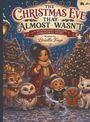 "The Christmas Eve That Almost Wasn't". Illustration von festlichem Dorf, Kind, Tiere, Weihnachtsschmuck, funkelnder Schnee.