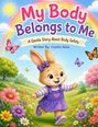 "My Body Belongs to Me" steht oben. Ein fröhlicher Hase in lila Kleid läuft auf einer Blumenwiese unter einem Regenbogen.