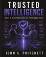 "Trusted Intelligence" oben. Zwei Figuren schütteln Hände; links Mensch, rechts digitaler Avatar. Technologische Symbole.