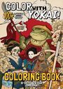 „COLOR WITH YOKAI!“ Ein Frosch in Rüstung mit Geistern und Blumen. Skurrile, bunte Illustration.