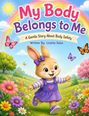 „My Body Belongs to Me“. Ein fröhlicher Hase in lila Kleid läuft durch bunte Blumenwiese, Regenbogen im Hintergrund.