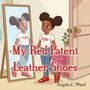 „My Red Patent Leather Shoes“ und „Tori“ auf einem T-Shirt. Ein Mädchen schaut in einen Spiegel, trägt rote Schuhe. Illustration.