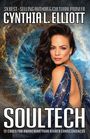 "3X Best-Selling Author & Cultural Pioneer Cynthia L. Elliott. SOULTECH: 12 Codes for Awakening Your Higher Consciousness." Eine Frau in einem blauen Kleid vor einem kosmischen Hintergrund.