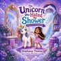 Ein Einhorn und ein Mädchen in einem magischen, lila Bad mit Regenbogen, Blumen, Wasserfall und Seifenblasen.