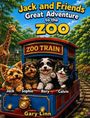 „Jack and Friends: Great Adventure to the Zoo“. Vier Tiere im ZOO TRAIN: Jack, Sophie, Rory, Calvin. Giraffe im Hintergrund.