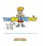 "THE NO FUN DAY" großer Text, Junge mit verschränkten Armen steht neben einem fröhlichen Hund, Schmetterling in der Nähe.