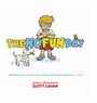 "The NO FUN Day" in bunten Buchstaben, Junge mit verschränkten Armen, Hund daneben, Schmetterling fliegt.