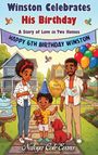„Winston Celebrates His Birthday“, „A Story of Love in Two Homes“, „Happy 6th Birthday Winston“. Illustration von Familie im Garten.