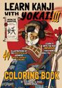 Text: "Learn Kanji with Yokai! Coloring Book." 
Illustration: Katze im Kimono, hält Pinsel, vor rotem Hintergrund.