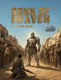 "Sons of Heaven: A Sci-Fi RPG". Eine Menschengruppe schaut auf ein großes reptilienartiges Wesen in Rüstung, in einer Wüstenstadt.