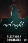 „midnight“ in eleganter Schrift, darunter „ALEXANDRA ORCHARD“. Nahaufnahme zweier Gesichter, die sich nahe sind.
