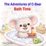 „The Adventures of C-Bear Bath Time“ in Blau und Rot. Ein fröhlicher Koala in einer Badewanne voller Schaum, mit Spielzeug.