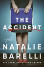 "The Accident", ein Roman von Natalie Barelli. Frau in Rock hält blauen Ordner, rote Schuhe und Blutspritzer.